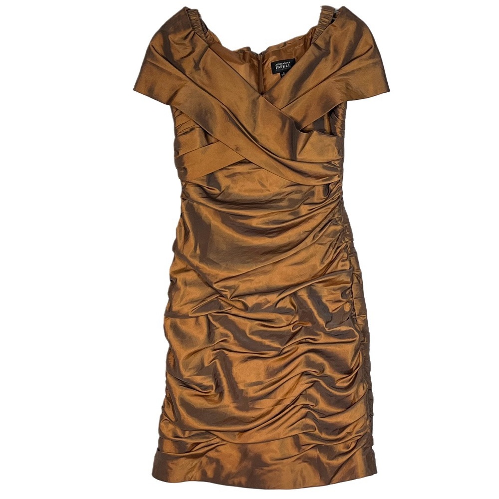 Adrianna Papell Bronze Shimmer Rushed Off The Shoulder Dress 6 Feminine Elegant
